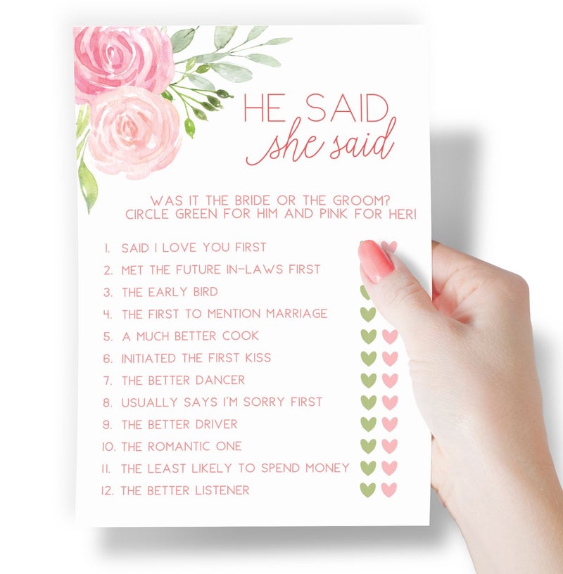 Printed Party Bridal Shower Games â€“ He Said She Said Game with Fun Bride and Groom Trivia, Wedding Shower Activity, Pink Floral Design, 50 Guests - Image 2